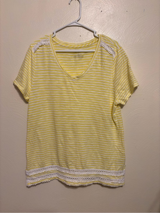 Talbots Tops - Talbots XL Yellow White Striped Lace Trim Tee Crochet Hem Soft Cotton Modal Top